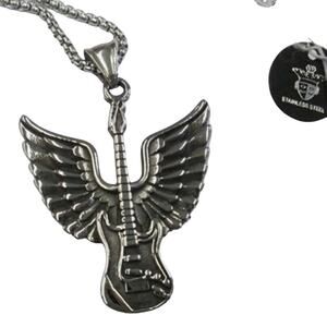 Black Jack Stainless Steel Necklace/Chain Silver Tone New Winged Guitar